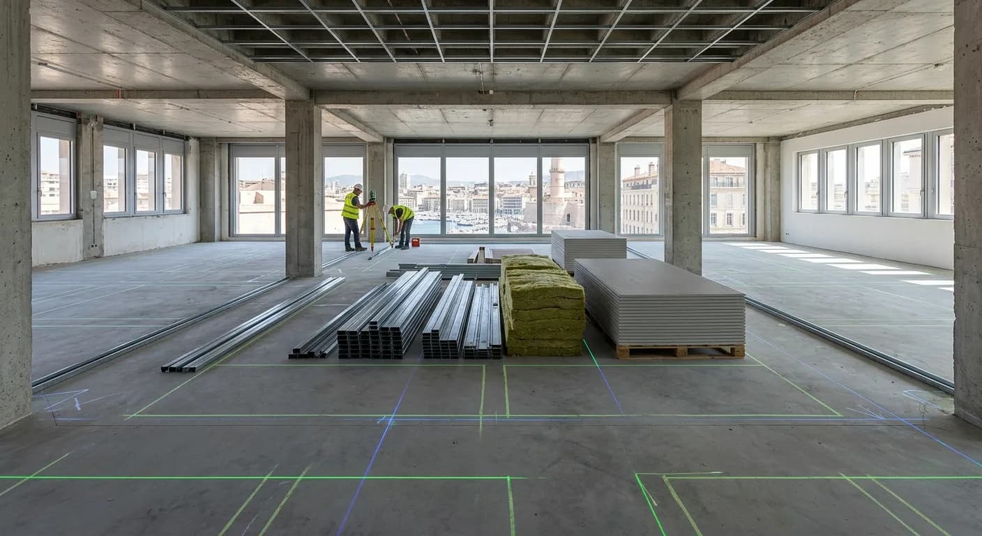 Aménagement de bureaux en cloisons placo — avant travaux