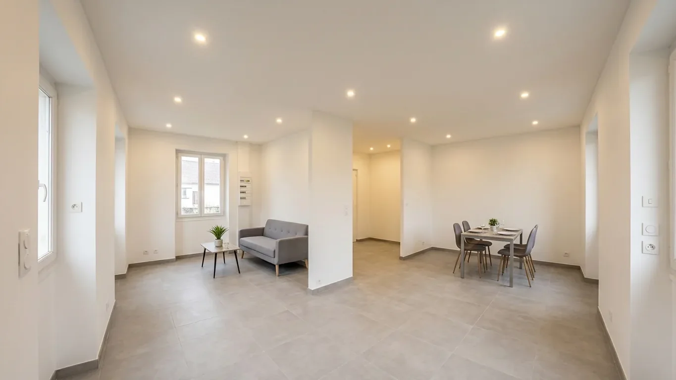 Séjour d'appartement rénové par RAISBAT à Marseille : sol carrelé grand format, murs peints et plafond neuf